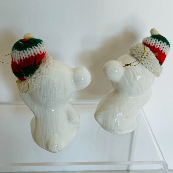 Vtg Snow Bear Ornaments 4 Porcelain Bears Knit Hats Bows Christmas Around the - Picture 10 of 16
